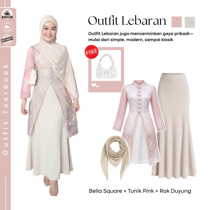 Oneset Lebaran Tunik Brukat Muslim ( Hijab Bella Square + Atasan Tunik Brukat + Bawahan Rok Duyung )