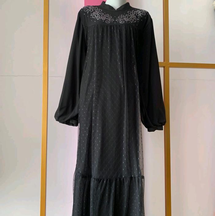 Gamis Hitam Kombinasi Tile - Gamis Hitam Kekinian