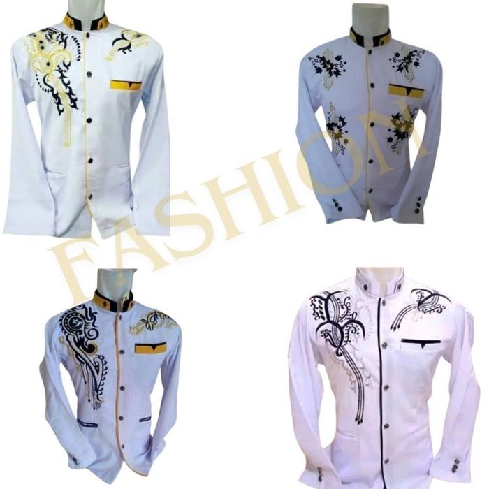 Jasko Bordir Warna Putih Lis Kuning Motif Terbaru Lengan Panjang Bahan High Twis Baju Pria Dewasa