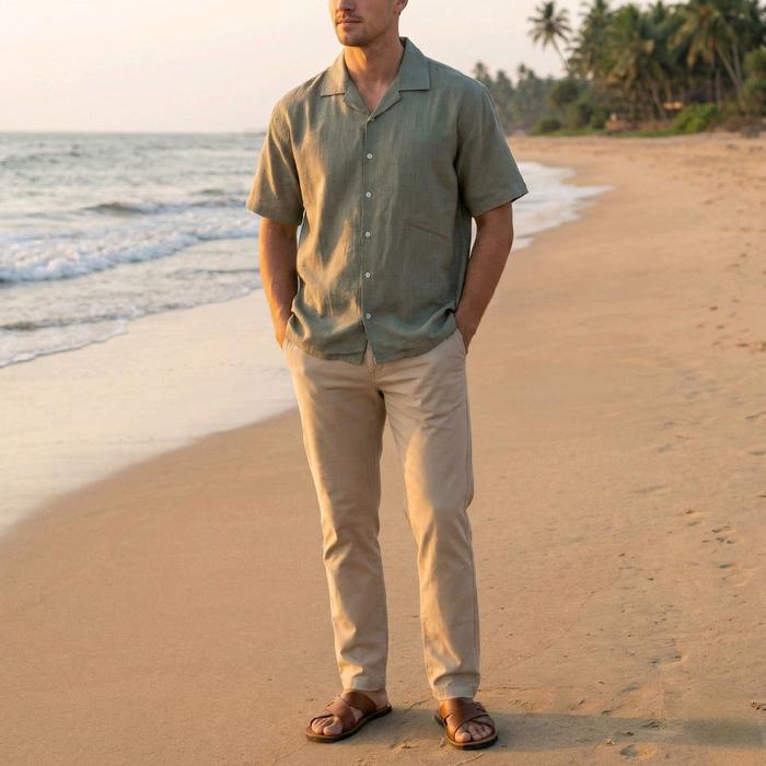Kemeja open collar peanut boxy sage short sleeve shirt