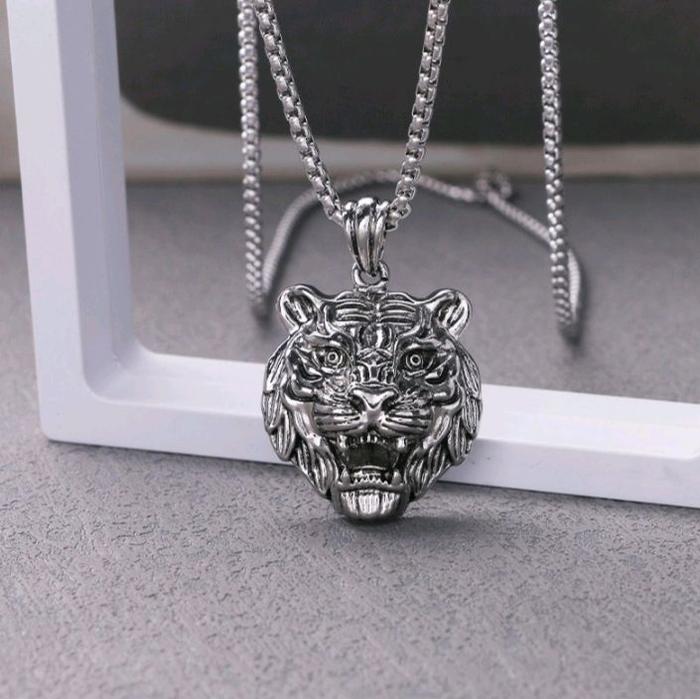 Kalung Pri Wanita Kepala Macan Maung Liontin Rantai Chrome Silver Logam Alloy Campuran Retro 3CM X 3