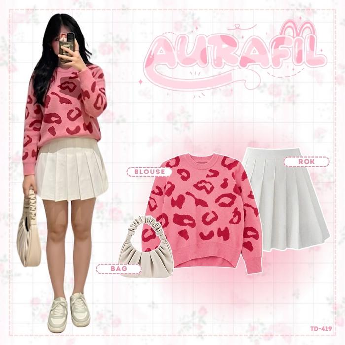 3 IN 1 Set Remaja Korean Look (Sweater Fiorenza + Rok Pendek + Tas) OOTD Kekinian SET TD 419