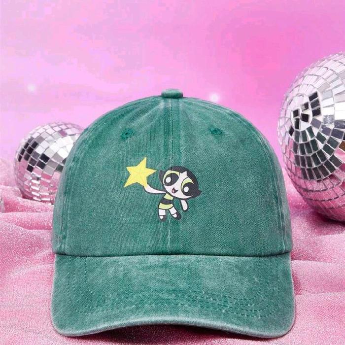 THE POWERPUFF GIRLS X SHEIN Fashionable Versatile Minimalist Cartoon Pattern Washed Baseball Cap, Gi
