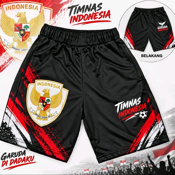 Garuda Di Dadaku Celana Pendek Timnas Indonesia Hitam Merah dengan Logo Garuda dan Timnas Indonesia