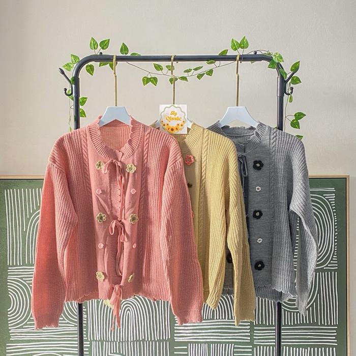 Cardigan Kayaka Rajut Atasan Wanita Flowers Knitwear lucu