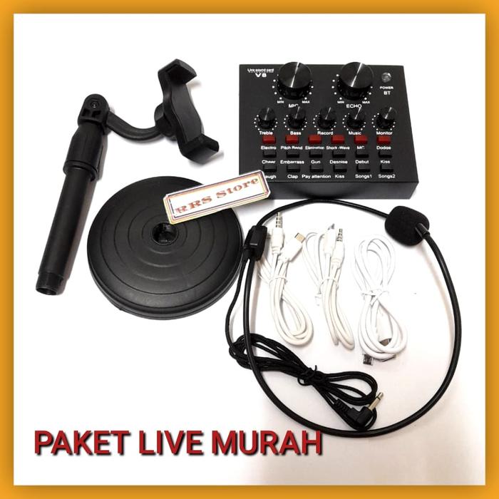 Paket alat karoke live semua aplikasi sound card v8 mic bando dan holder hp Bluetooth 5.0 Baterai v8