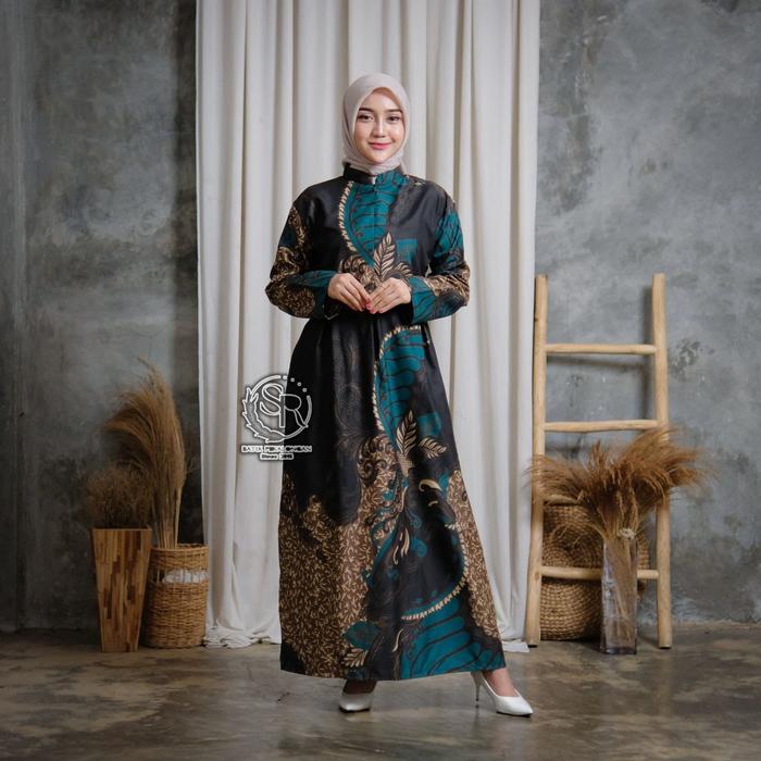 Gamis Modern Batik BSWART HRB026 Busui Friendly Resleting Depan Motif Sangkuriang Ijo Gamis Batik Ke