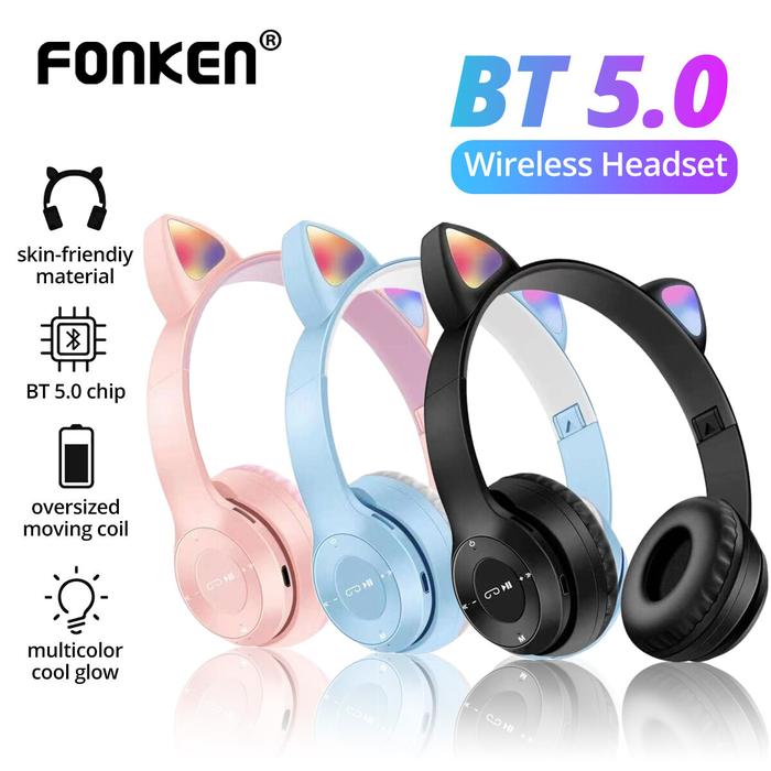 Headset Tanpa Kabel Bluetooth, FONKEN Telinga Kucing dengan Mikrofon