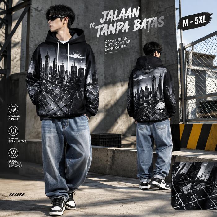 Hoodie Pria Fleece 3D Print Kota Malam Monokrom dengan Grafis Gedung Pencakar Langit, Motif Pagar Ra