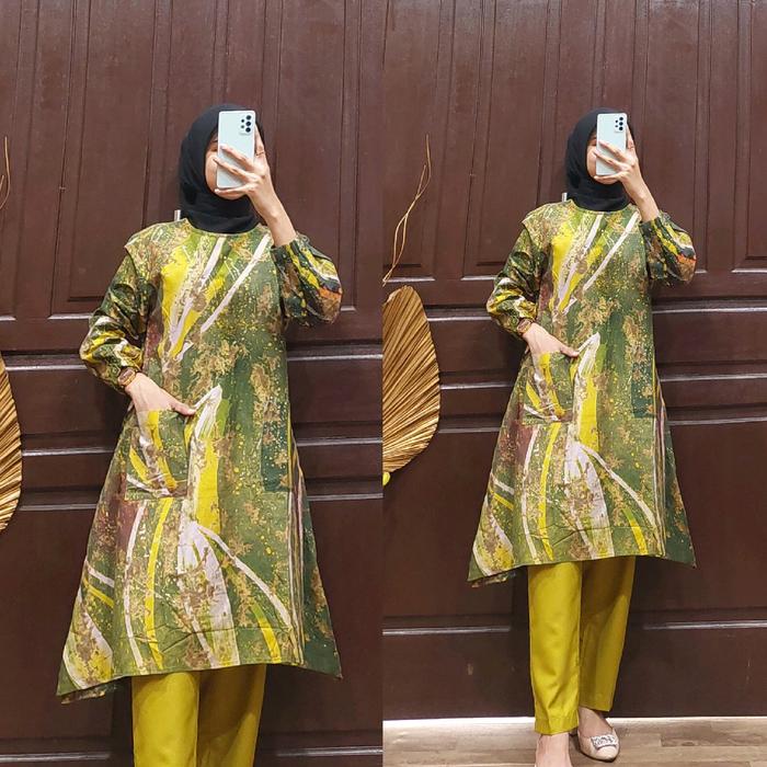 Stelan batik lukis polos Wanita Celana Katun Baju Setelan Dewasa Atasan Kulot Tunik