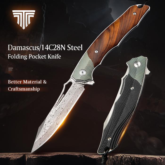TRIVISA Folding Pocket Knife 14C28N Steel Blade Titanium and G10