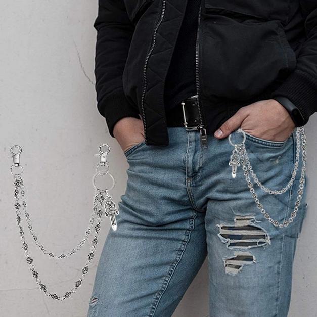 Rantai Dompet Pria Aksesori Celana Wallet Chain Logam Warna Perak Panjang 35cm 55cm Model Tunggal Da