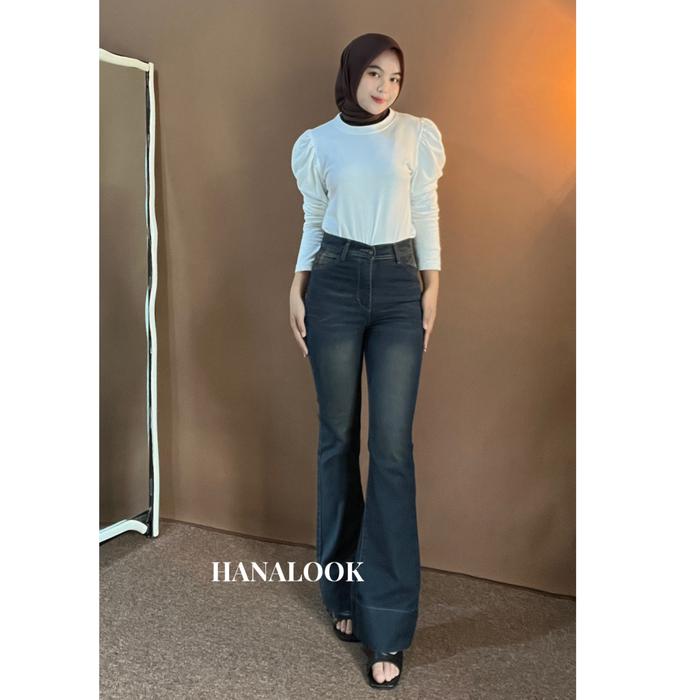 Celana Cutbray Jeans Wanita Evolution Jennie Cutbray Kaki Tebal Highwaist Panjang Stretch Black Wash