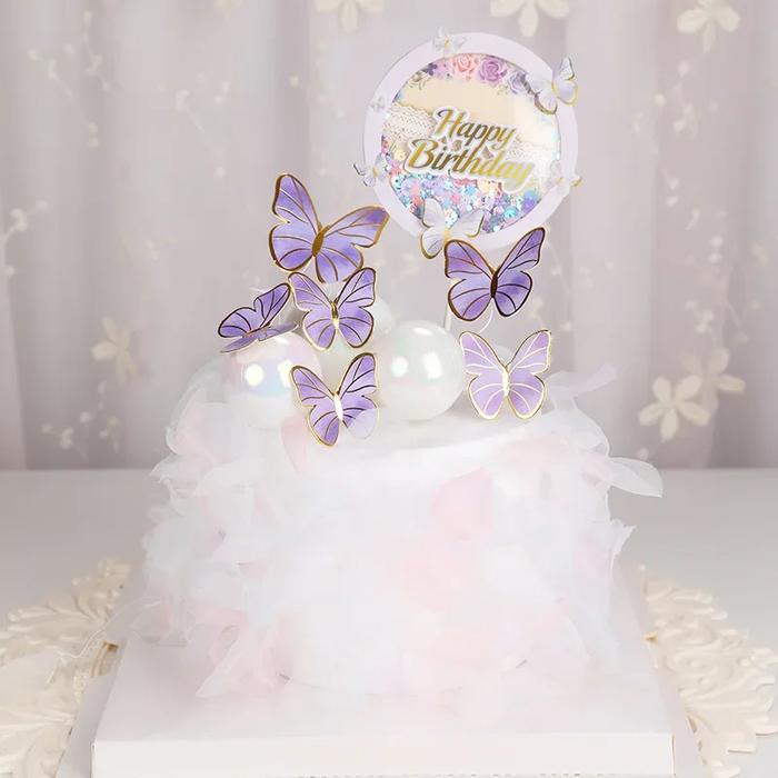 Happy Birthday Sequins Round Butterfly Cake Topper Cake Decoration Simulation Butterflies Wedding Ca