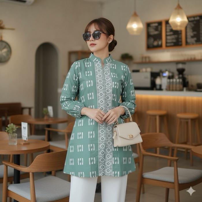 Shanaya Baju atasan batik wanita Tunik Lengan balon Sage green Zipper depan blouse elegan di pakai u