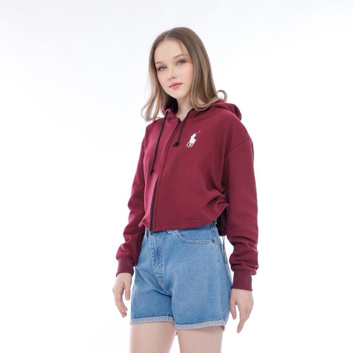 OLOP CROP JAKET DOUBLE ZIPPER FLEECE CATTON HOODIE CROP WANITA