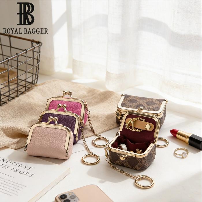 Royal Bagger Tas Koin Mini dari Kulit Asli, Dompet Koin dengan Kunci Tekan Warna Polos, Tas Penyimpa