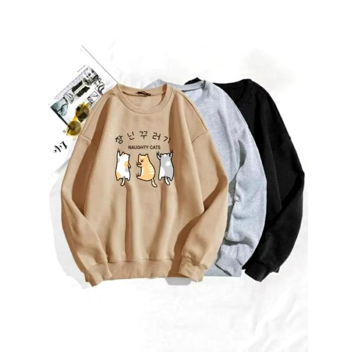 Dinafshn Naughty Cat Sweater Wanita Crew Neck Oblong Oversize