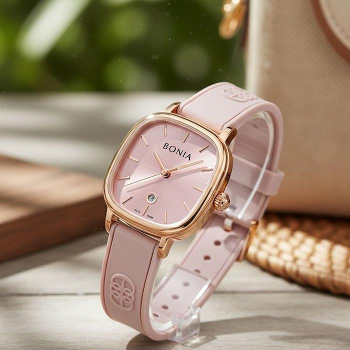 Bonia Women Watch BNB10839-2572 Pink Silicone Strap 28.5mm x 37mm Quartz Analog Date Hardlex Crystal