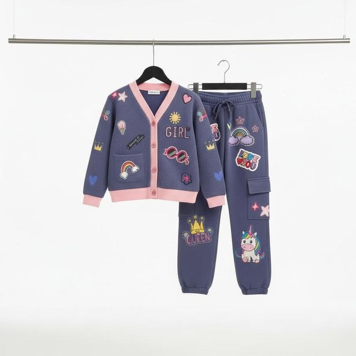 KOB Setelan Anak Perempuan Premium Motif Patch Unicorn Pelangi & Mahkota Bahan Tebal Hangat Cardigan