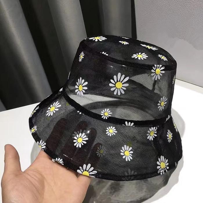Daisies Embroidered Bucket Hat Women Transparent Lace Flower Beach