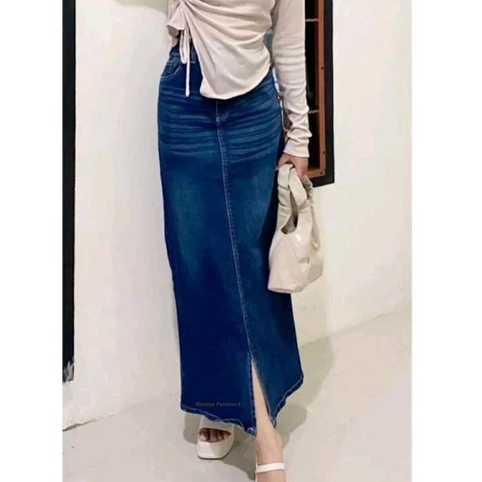 Ceesa Rok Span Jeans Skirt Panjang  Belah Depan Uk Standar Wanita Denim Casual