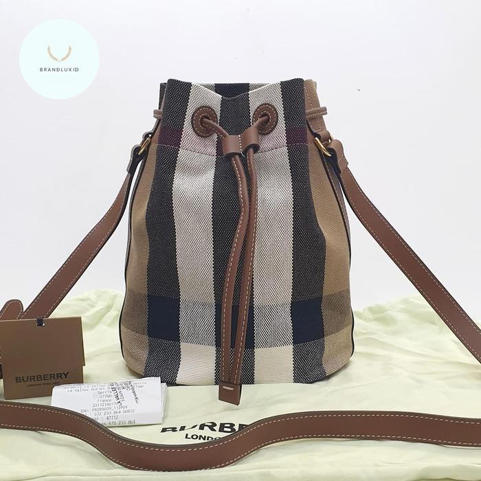 BURBERRY BUCKET BAG CANVAS CHECK TAUPE BROWN