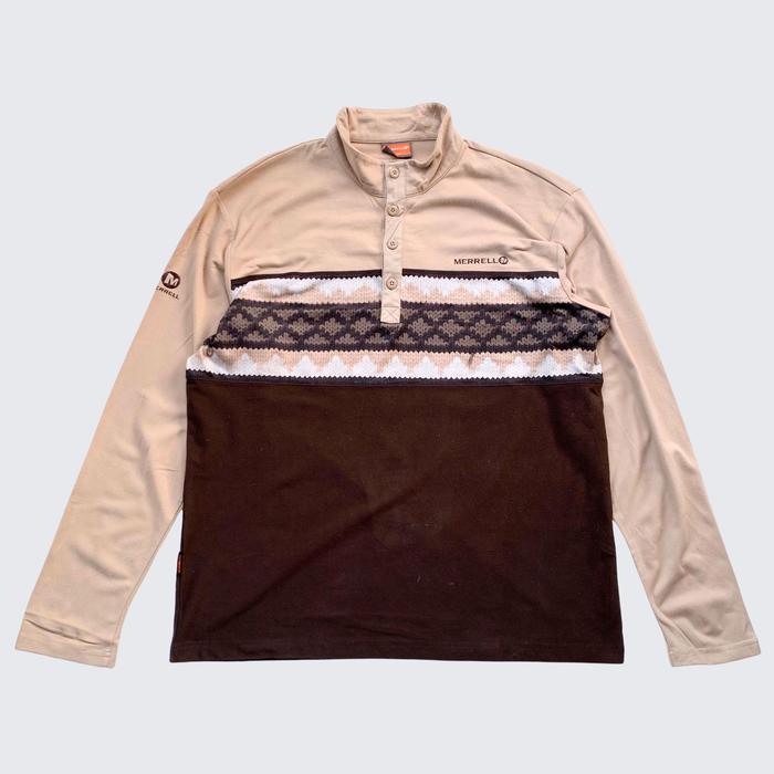 Brown Cream Navajo Traditional 2000s Merrell Outdoor Gear Thermal Fleece Half Button Sweat - Unisex 