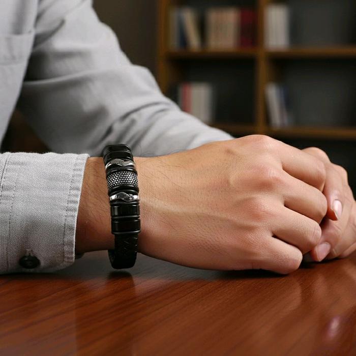 Gelang Pria Kulit Asli BOLD - Stainless Steel Magnetic Clasp Premium - Hitam Elegan