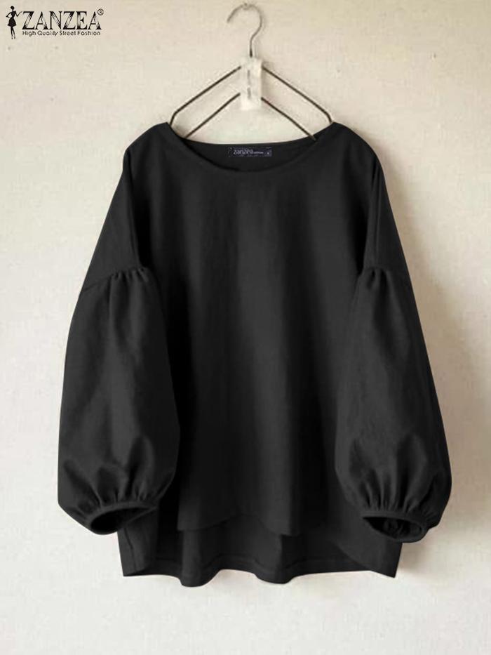 ZANZEA Vintage Shirt Women Long Sleeve O Neck Blouse Female Solid Tunic Tops Casual Loose Chemise El