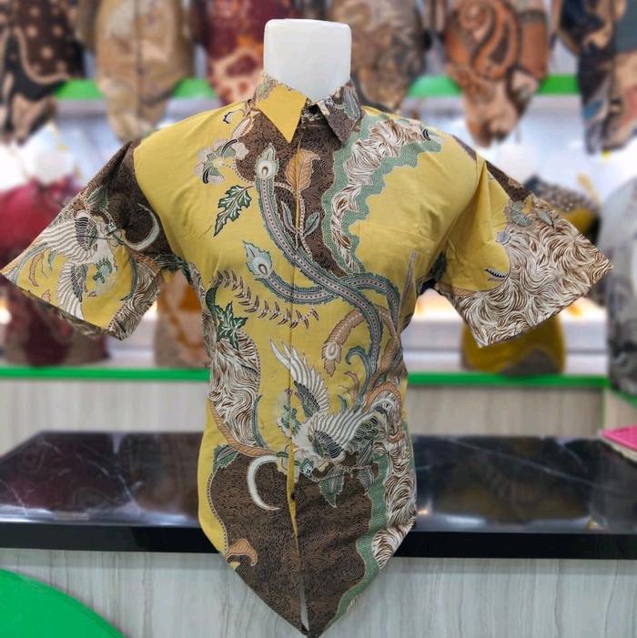 Kemeja Batik Pria Lengan Pendek Qistina Batik Bahan katun halus motif Kuning Bianca sudah lapis furi