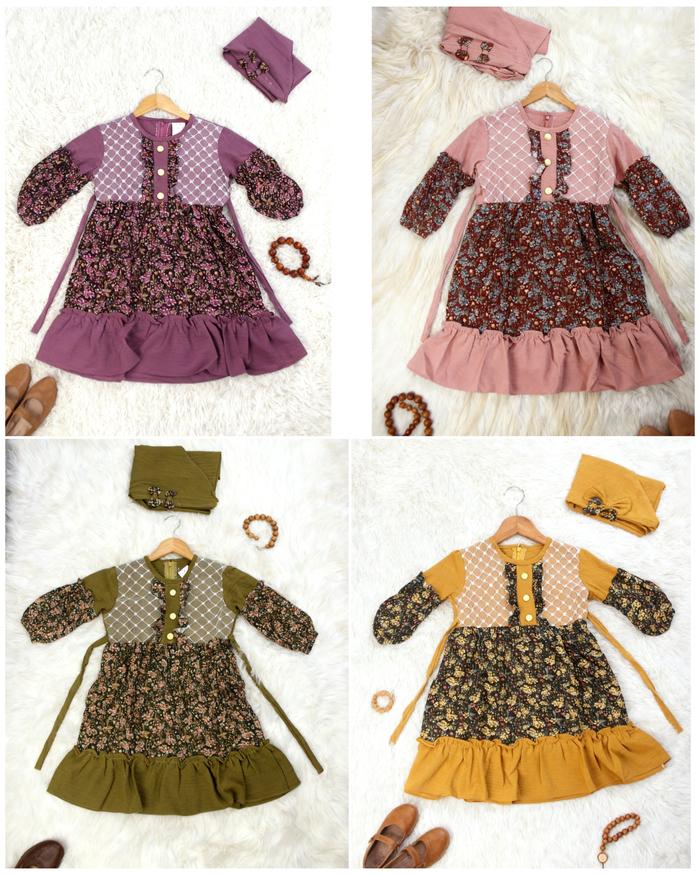 Attabee Kids, ADZKIA Seris. Baju Gamis Syari Anak, Bahan Cringkel, Motif  Bunga, SETIAP PEMBELIAN SU