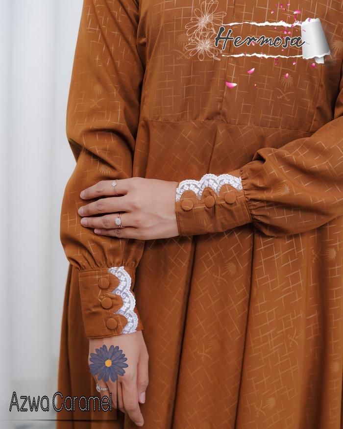 (Hermosa)Gamis hermosa bahan wolfis embos motif azwa caramel-gamis caramel syari-gamis lebaran baru 