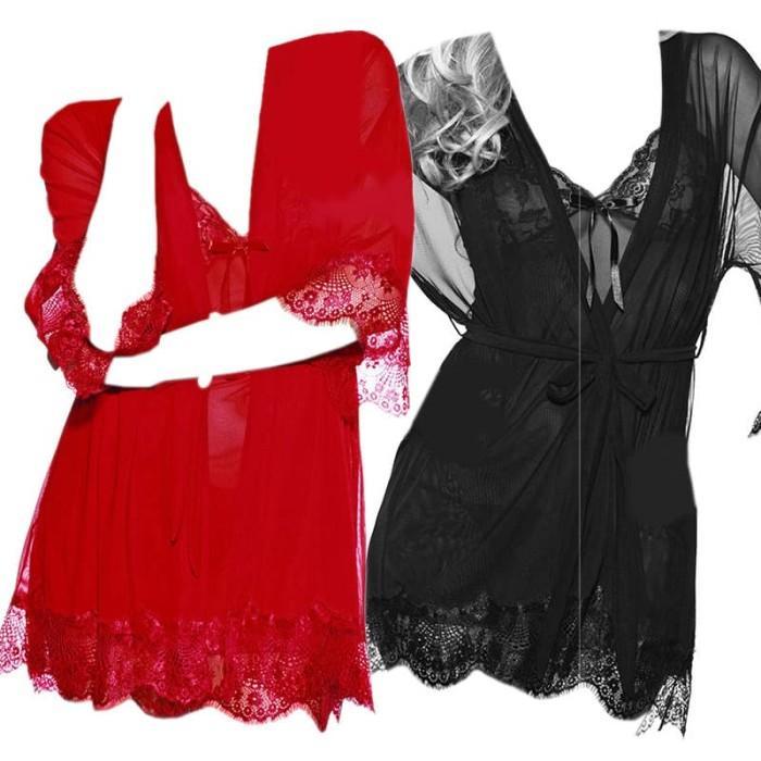 L1094 Lingerie Kimono Sexy Baju Tidur Dinas Malam Wanita Seksi Lengan Pendek Polos Transparan Set Lu