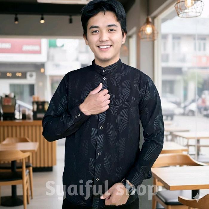 Baju Koko motif daun terbaru baju kemeja koko casual berkualitas murah Kain Kancing Kantong Katun Mo