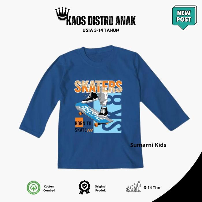 Kaos Anak Lengan Panjang Skaters – Baju Cowok 3–12Tahun Motif Skateboard Bahan Katun