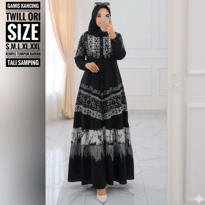 Qishaa Gamis Rampel Susun Bahan Twill Ori Size S M L XL XXL Rempel Tumpuk Bawah Tali Samping