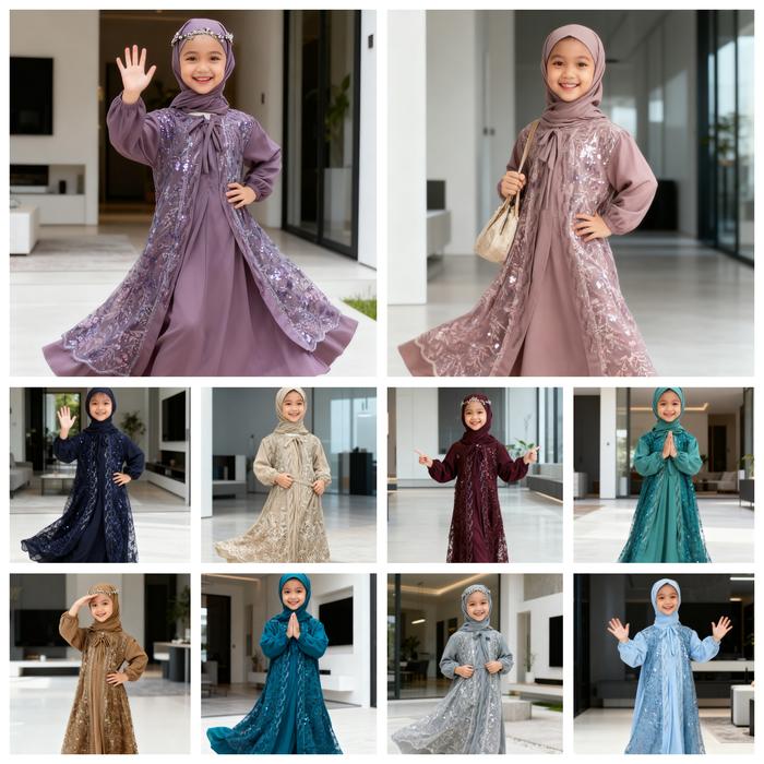 Attabee Kids, ALISYA Seris,  Baju Muslim Syari Remaja  Wanita, Dress Panjang Lebaran Cewek, Bahan Ce