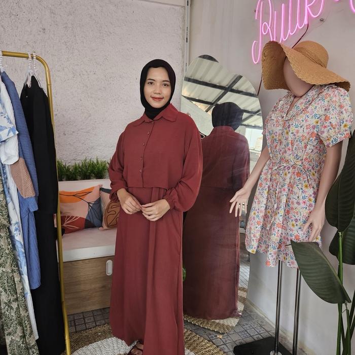 Set Premium Gamis Syari Maroon Dewasa Muslim Katun Terbaru - Inner dan Outer