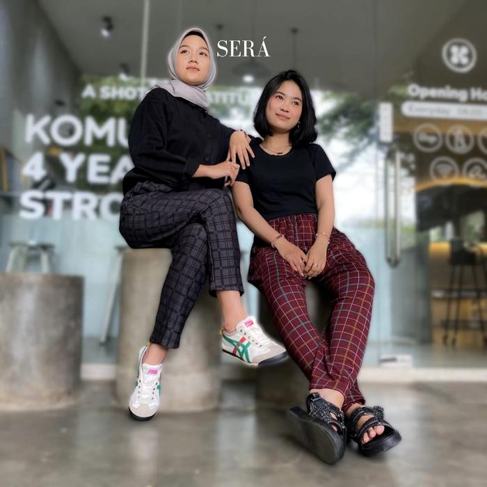 SERA Celana Santai Panjang Wanita Premium Motif Kotak Bahan Denim Diana