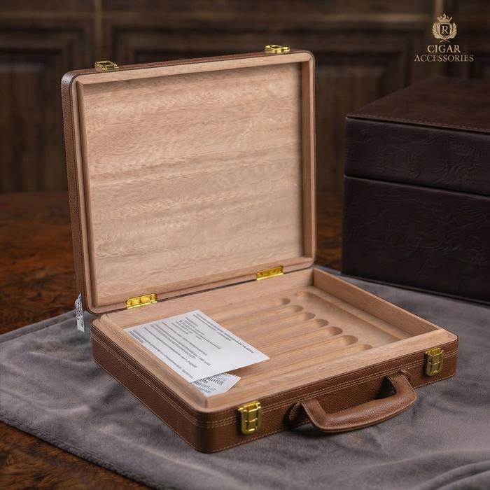Travel Cigar Premium Leather Brown - Briefcase Mini Kulit Cokelat Kompartemen