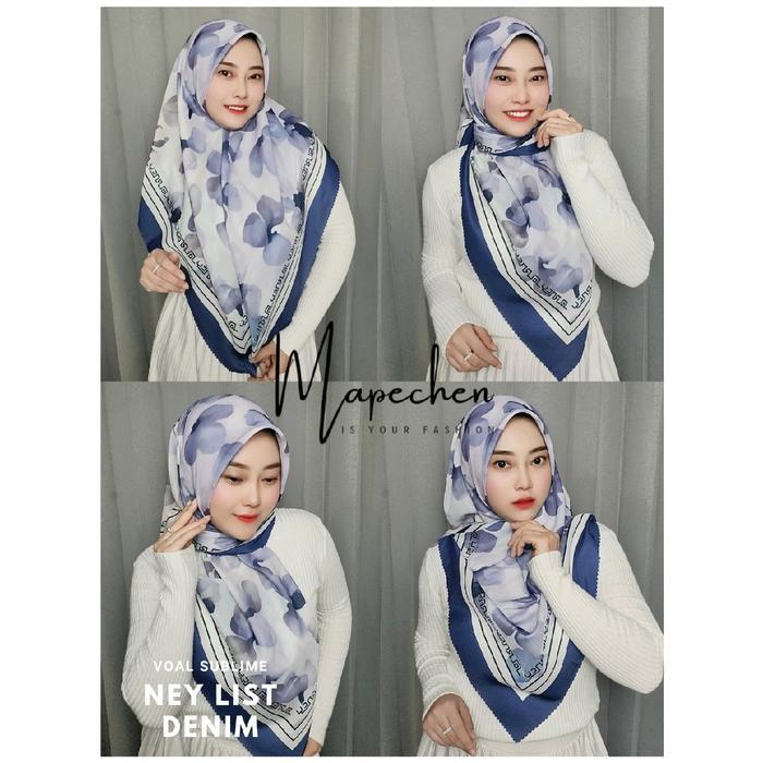 Edisi Biru - Hijab Voal Motif Premium Denim Navy Dongker Softblue Jilbab Segiempat Lasercut