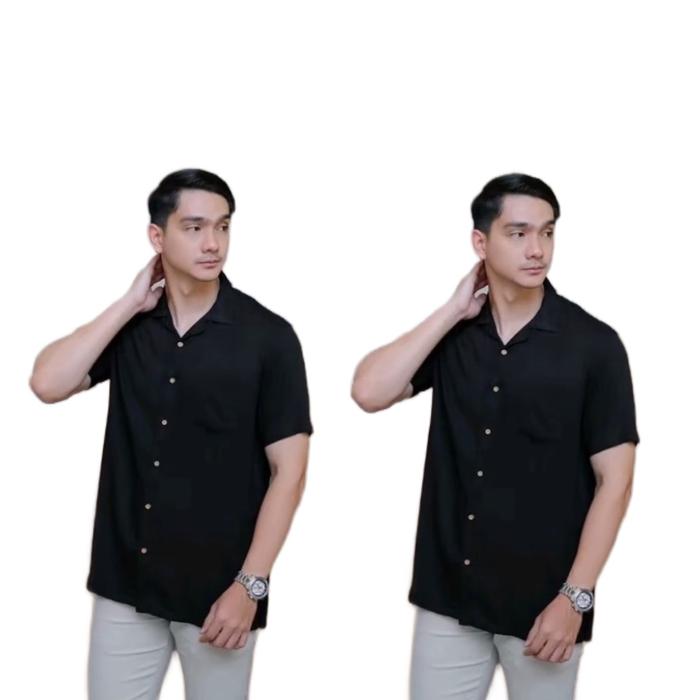 Kemeja Polos Hawai Lengen Pendek Kerah v-neck Rayon Premium Cowok Wanita Hitam Distro Baju Pria Basi