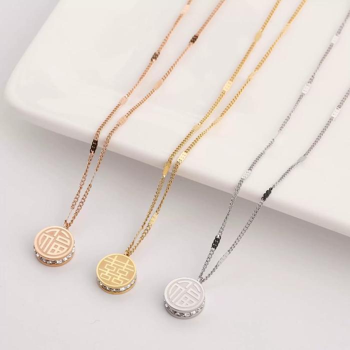 NAYRA.ACC Kalung Motif Koin China Elegan Titanium Anti Karat Tahan Lama Gold Silver Rose 40+5 Cm Adj