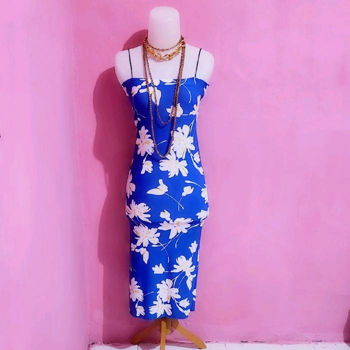 dress ocean flower blue ld 90 - 100 bahan jersey spandek import pj 98 melar Casual Wanita Midi