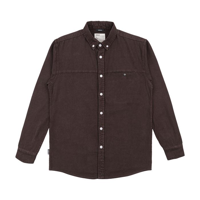 LINEONS Clandestine MATERNAL DISASTER DARK BROWN GARMENT DYED WASHED COTTON CANVAS LONG SLEEVE BUTTO
