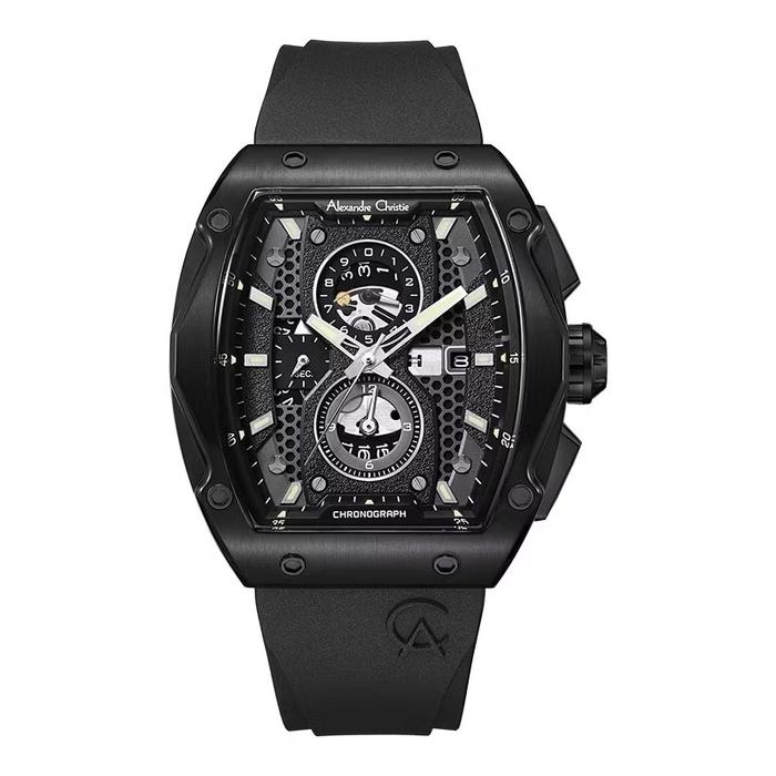 Jam Tangan Pria Alexandre Christie AC 6608 MC RIPBAA Chronograph Men Black Dial Black Rubber Strap
