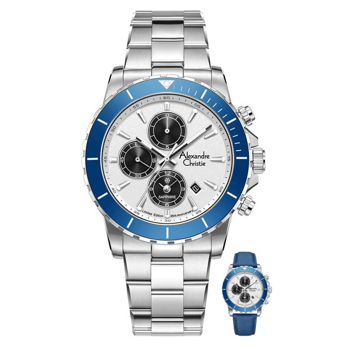 Jam Tangan Alexandre Christie AC 6141 MC Limited Edition Anniv 25thn Silver Dial White Ring Blue
