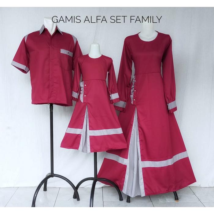 gamis alfa warna merah maroon set family/gamis seragam lebaran/gamis couple family /gamis jumbo/gami