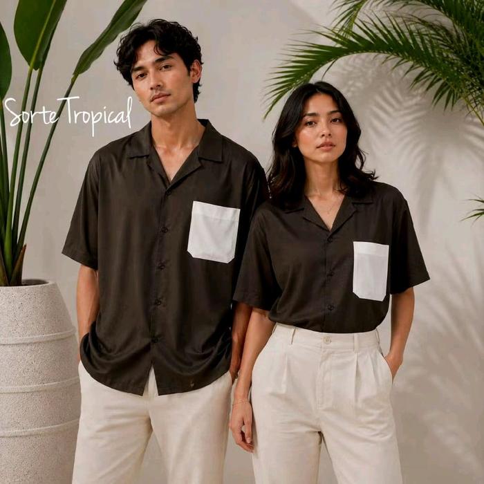 Hem Kemeja Hawaiian Tropical Casual Pria Wanita Polos Army Kantong Putih Lembut Rayon Basic